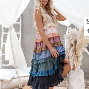 Judith March Tiered Ruffle Midi Dress in Pastel and Navy Tones
